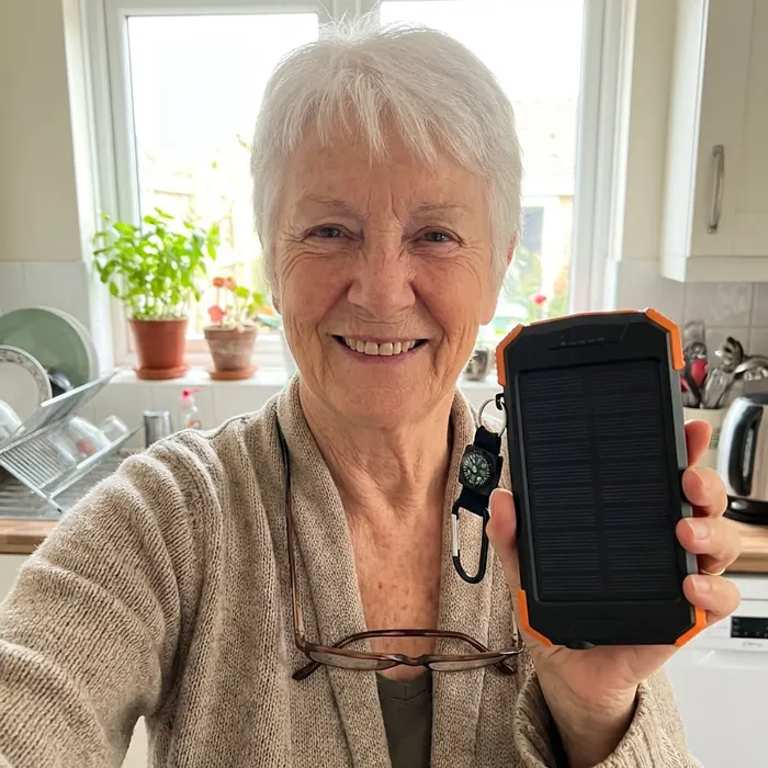 An older woman in her kitchen holding her solar power bank